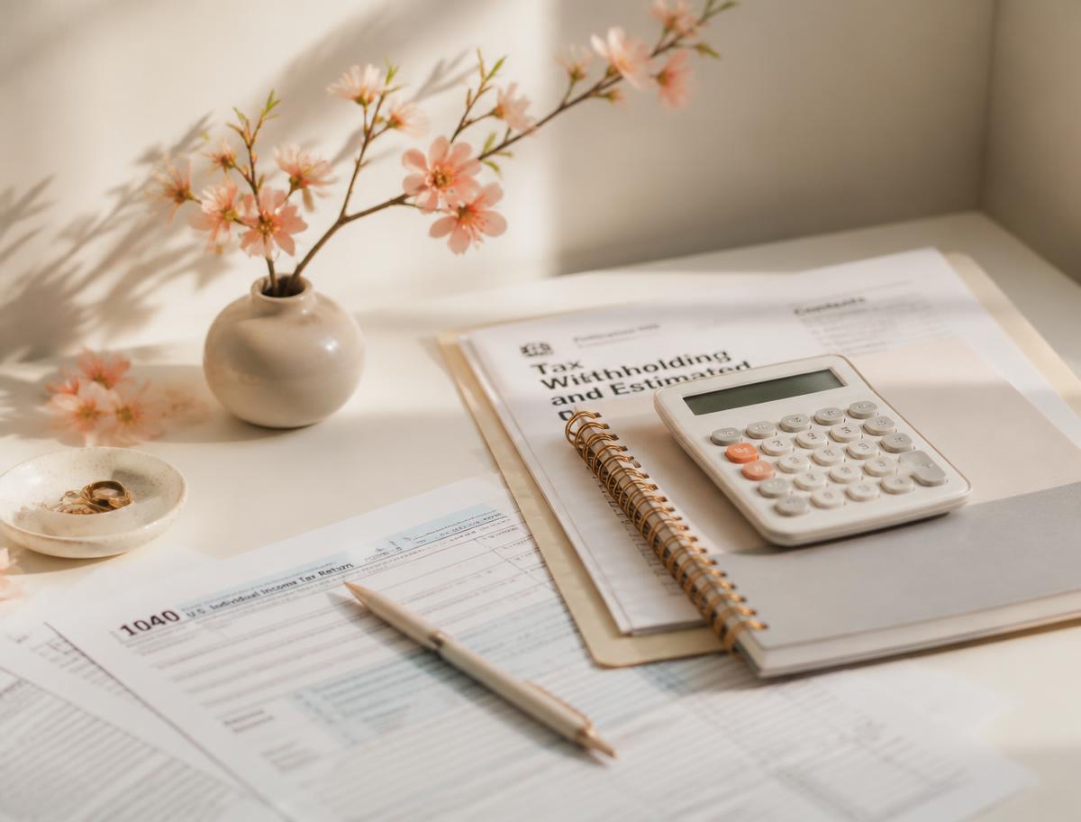 Tax documents, calculator and peach blossoms on a sunlit desk